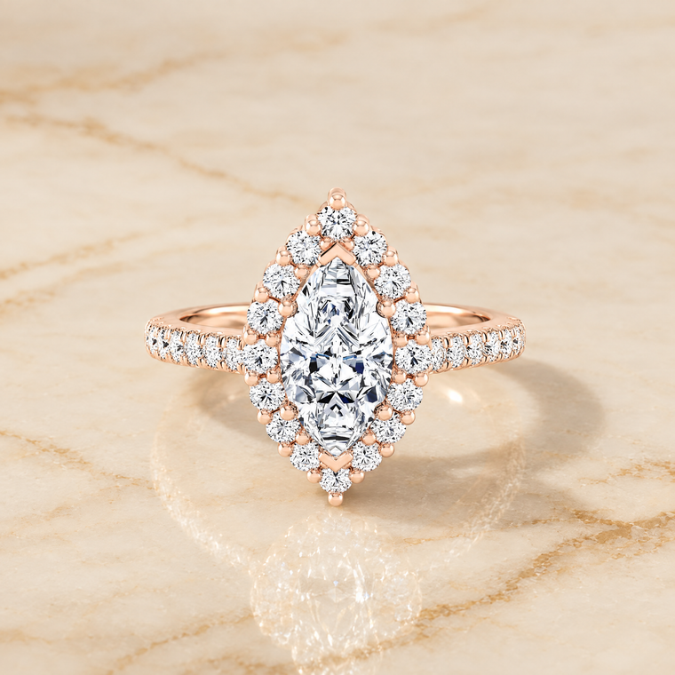 The Fiona Shared Prong Halo Marquise Engagement Ring Setting in 14K Rose Gold