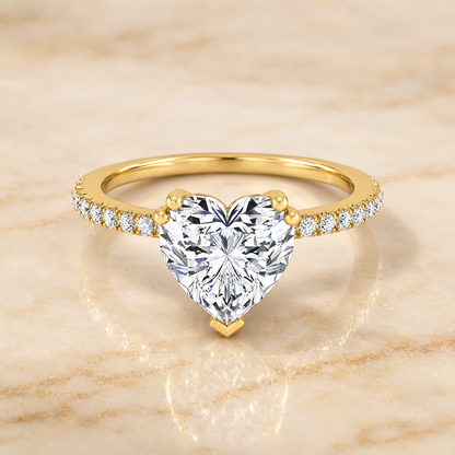 The Kelly Double Claw Prong French Pavé Heart Engagement Ring Setting in 18K Yellow Gold