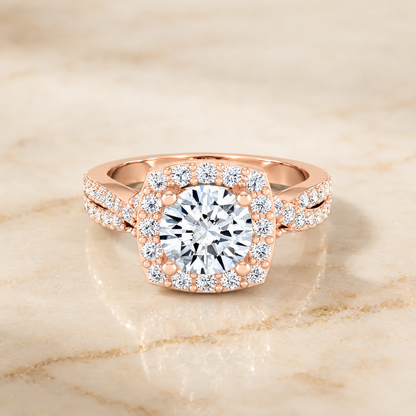The Clementine Twisted Square Pavé Halo Round Engagement Ring Setting in 14K Rose Gold