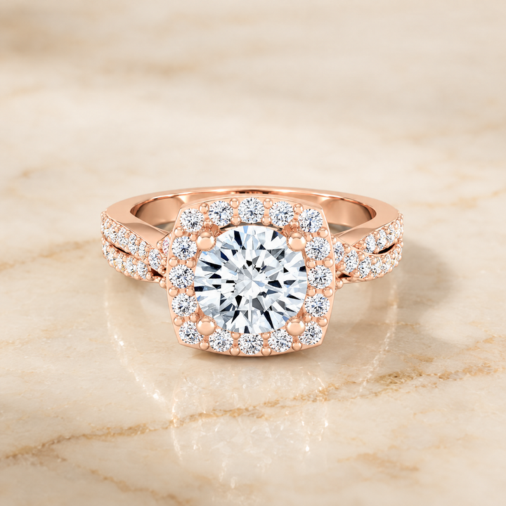 The Clementine Twisted Square Pavé Halo Round Engagement Ring Setting in 14K Rose Gold