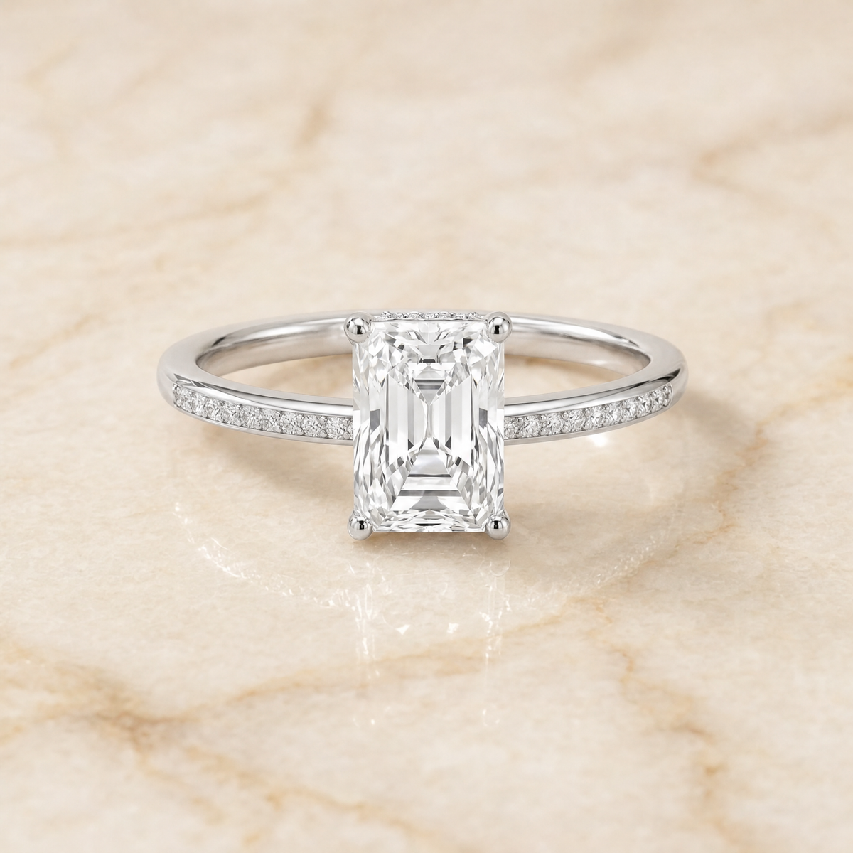 The Brenda High Hidden Halo Solitaire Radiant Cut Engagement Ring Setting in 18K White Gold