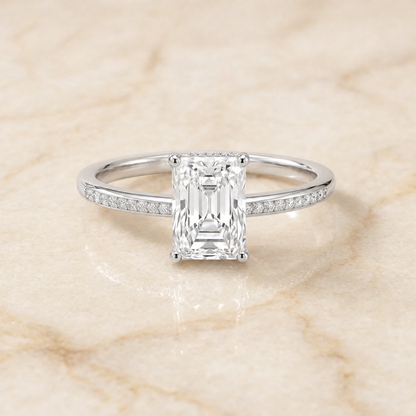 The Brenda High Hidden Halo Solitaire Radiant Cut Engagement Ring Setting in 18K White Gold