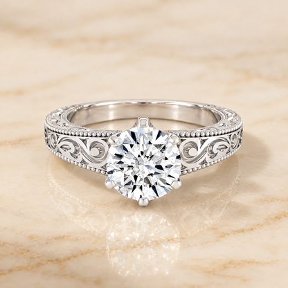 The Virginia Hand Engraved Scroll Vintage Solitaire Round Engagement Ring Setting in 18K White Gold