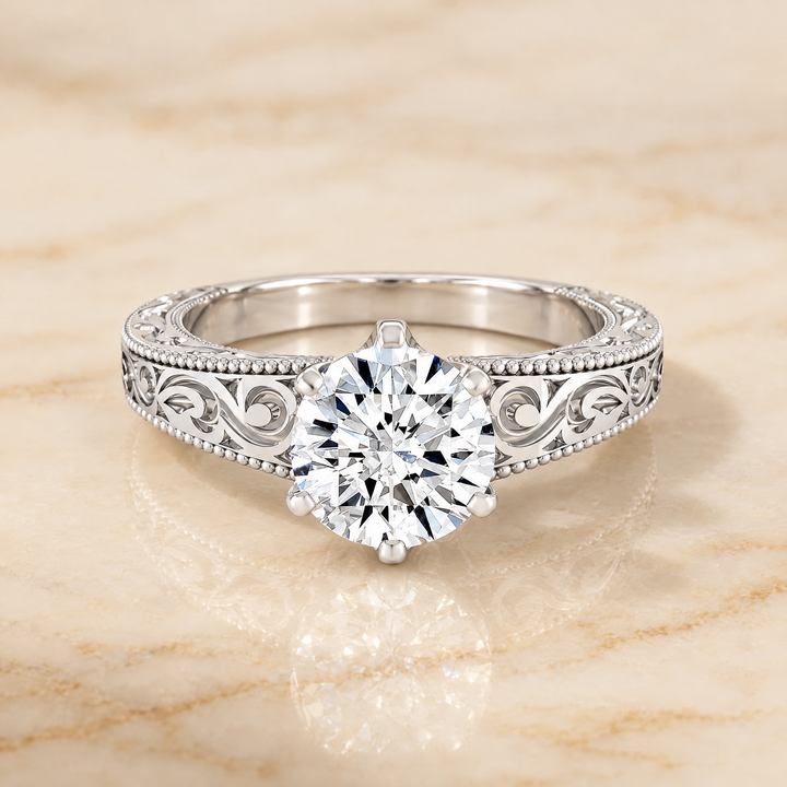 The Virginia Hand Engraved Scroll Vintage Solitaire Round Engagement Ring Setting in Platinum