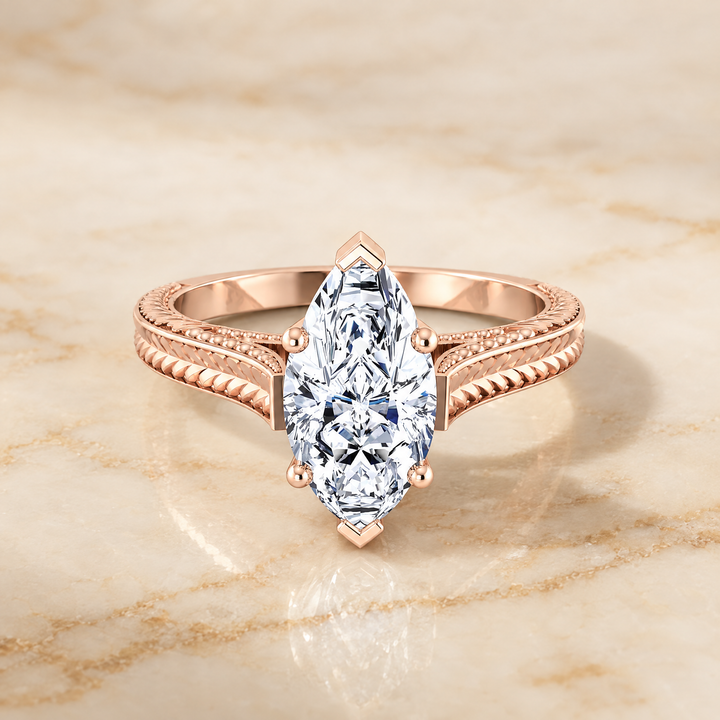 The Aida Hand Engraved Vintage Cathedral Solitaire Marquise Engagement Ring Setting in 14K Rose Gold