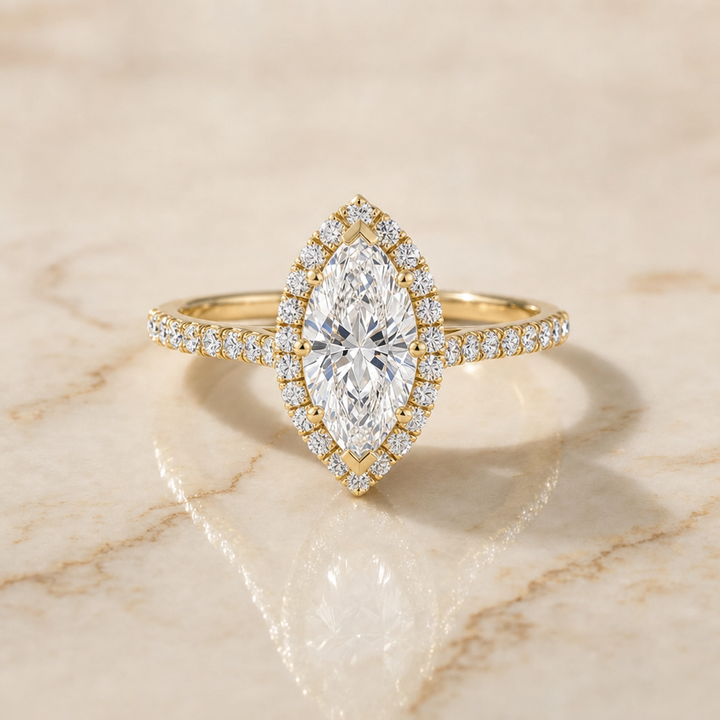 The Dylan Petite French Pavé Halo Marquise Engagement Ring Setting in 18K Yellow Gold