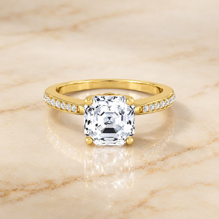 The Carrie Pavé Asscher Cut Engagement Ring Setting in 18K Yellow Gold