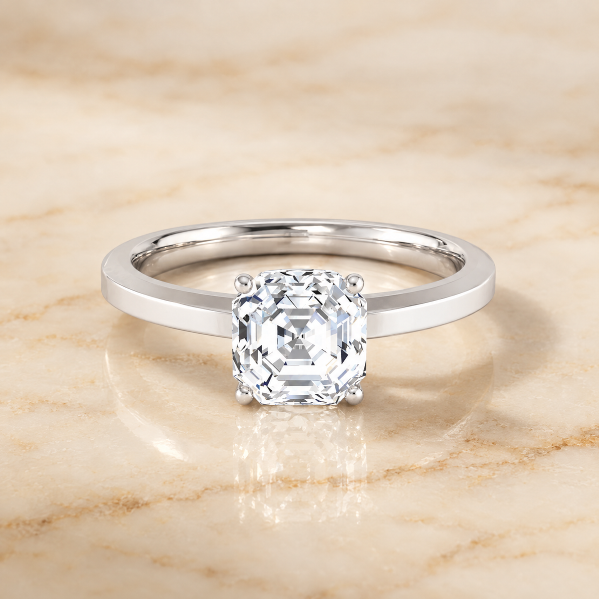 The Carmen Beveled Edge Comfort Fit Solitaire Asscher Cut Engagement Ring Setting in 18K White Gold