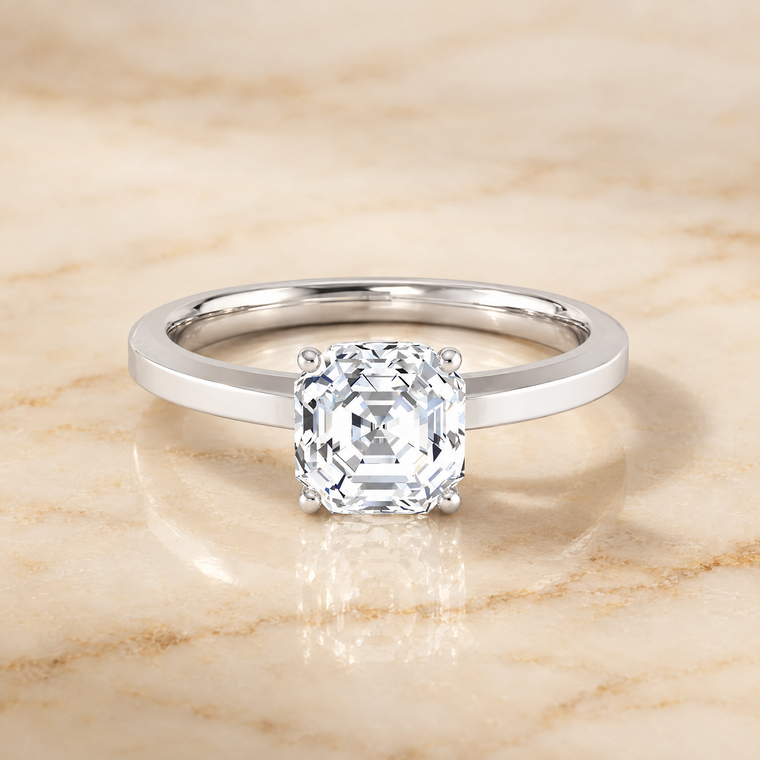 The Carmen Beveled Edge Comfort Fit Solitaire Asscher Cut Engagement Ring Setting in 18K White Gold