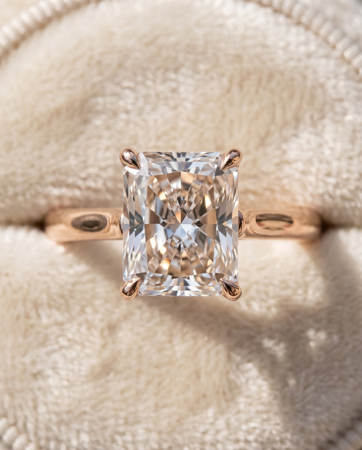 Radiant engagement ring setting in 14K Rose Gold, Ellie Cathedral Comfort Fit Solitaire Radiant Cut, alternate view | RockHer