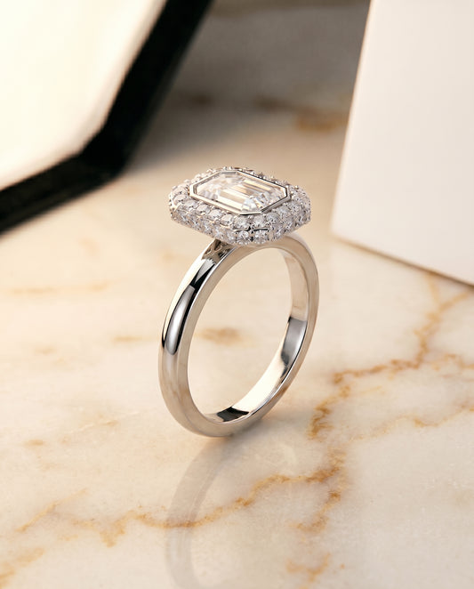 3D Bezel Pavé Halo Solitaire Emerald Cut Engagement Ring Setting in 14K White Gold