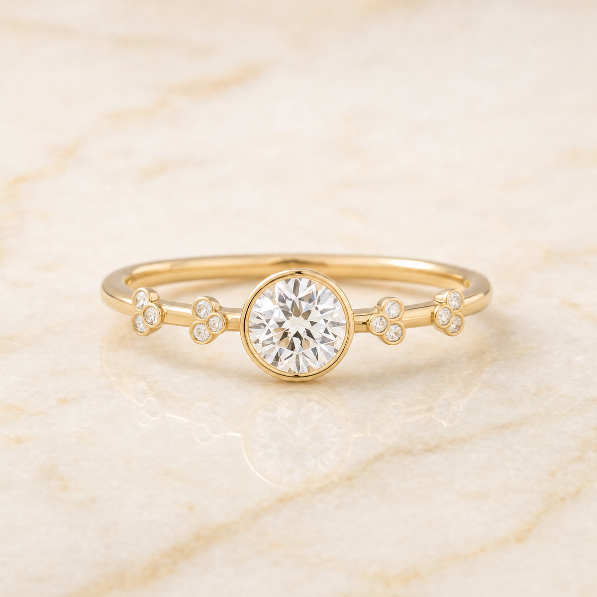 The Miley Clover Bezel Accent Solitaire Round Engagement Ring Setting in 18K Yellow Gold