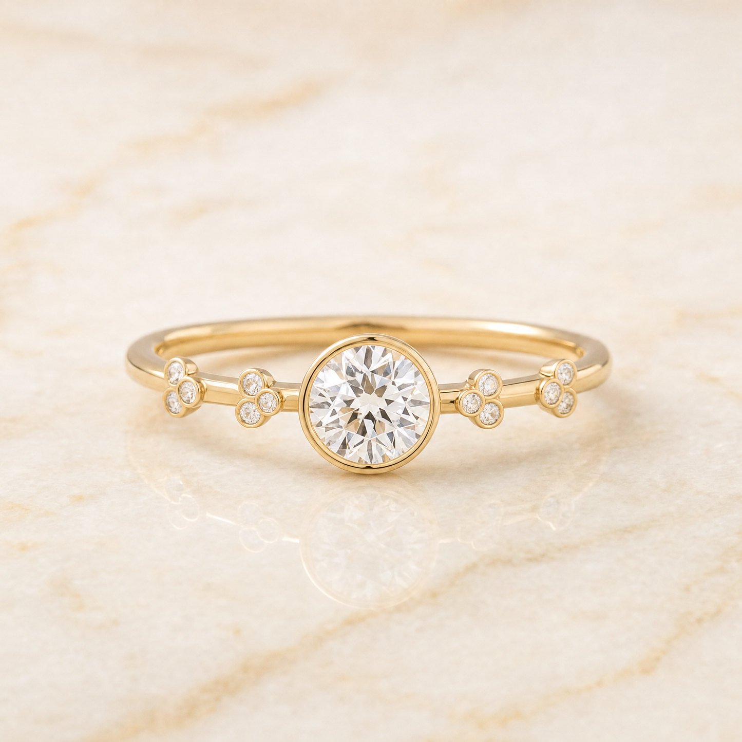 The Miley Clover Bezel Accent Solitaire Round Engagement Ring Setting in 18K Yellow Gold