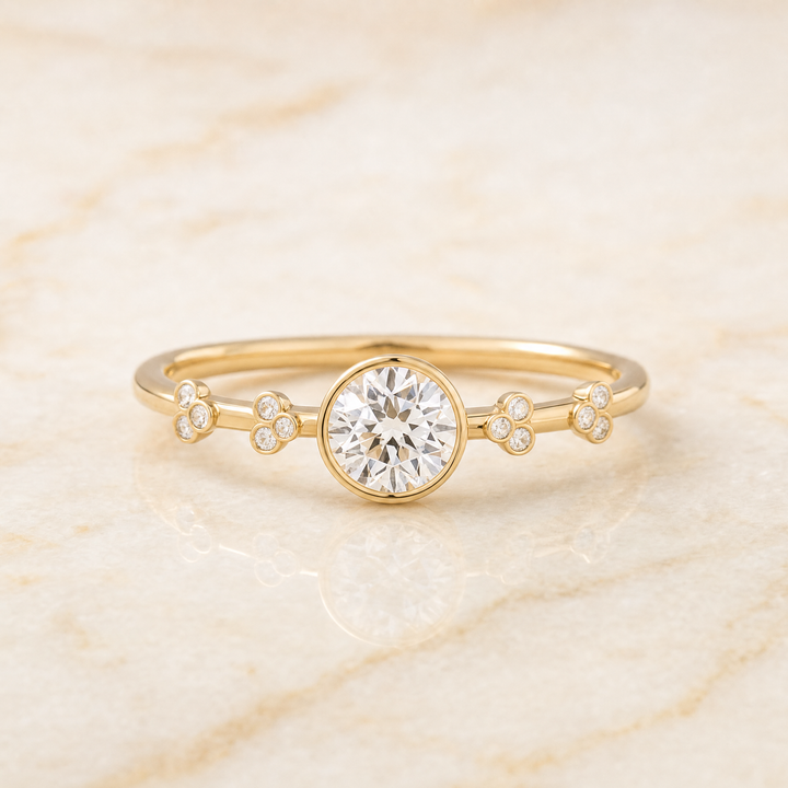 The Miley Clover Bezel Accent Solitaire Round Engagement Ring Setting in 18K Yellow Gold