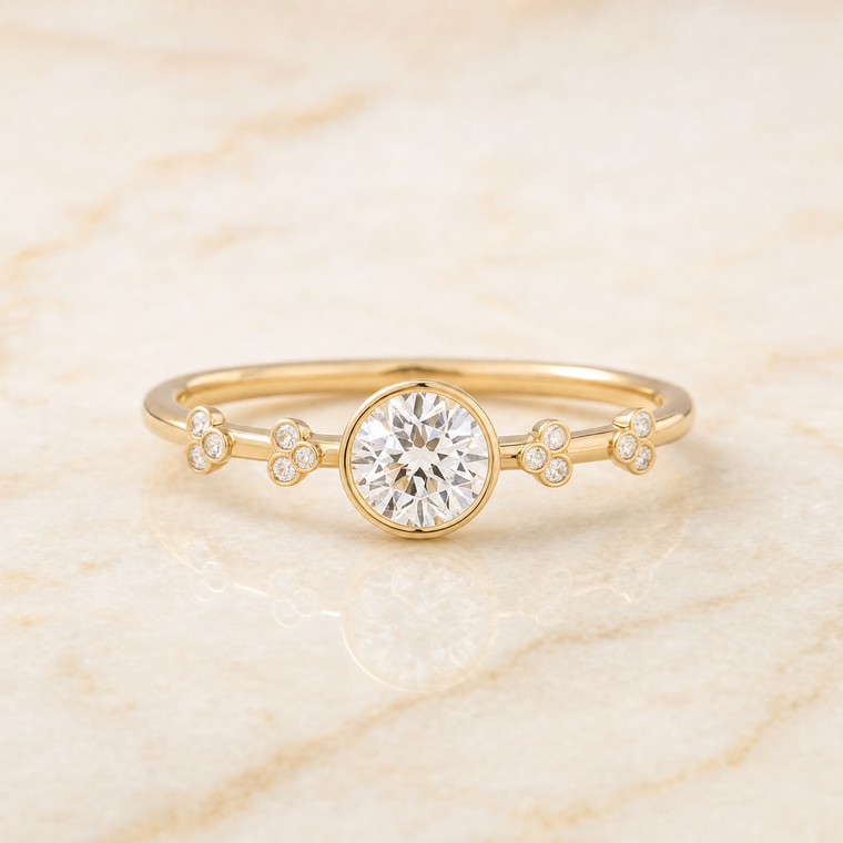 The Miley Clover Bezel Accent Solitaire Round Engagement Ring Setting in 18K Yellow Gold