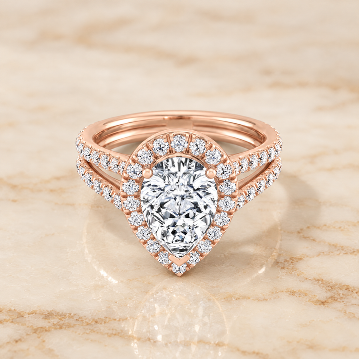 Pear engagement ring setting in 14K Rose Gold, Celine Two Row Pavé Split Shank Halo Pear | RockHer