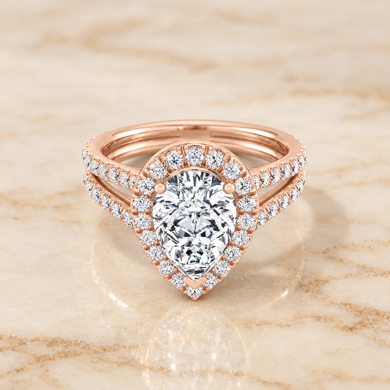 The Celine Two Row Pavé Split Shank Halo Pear Engagement Ring Setting in 14K Rose Gold