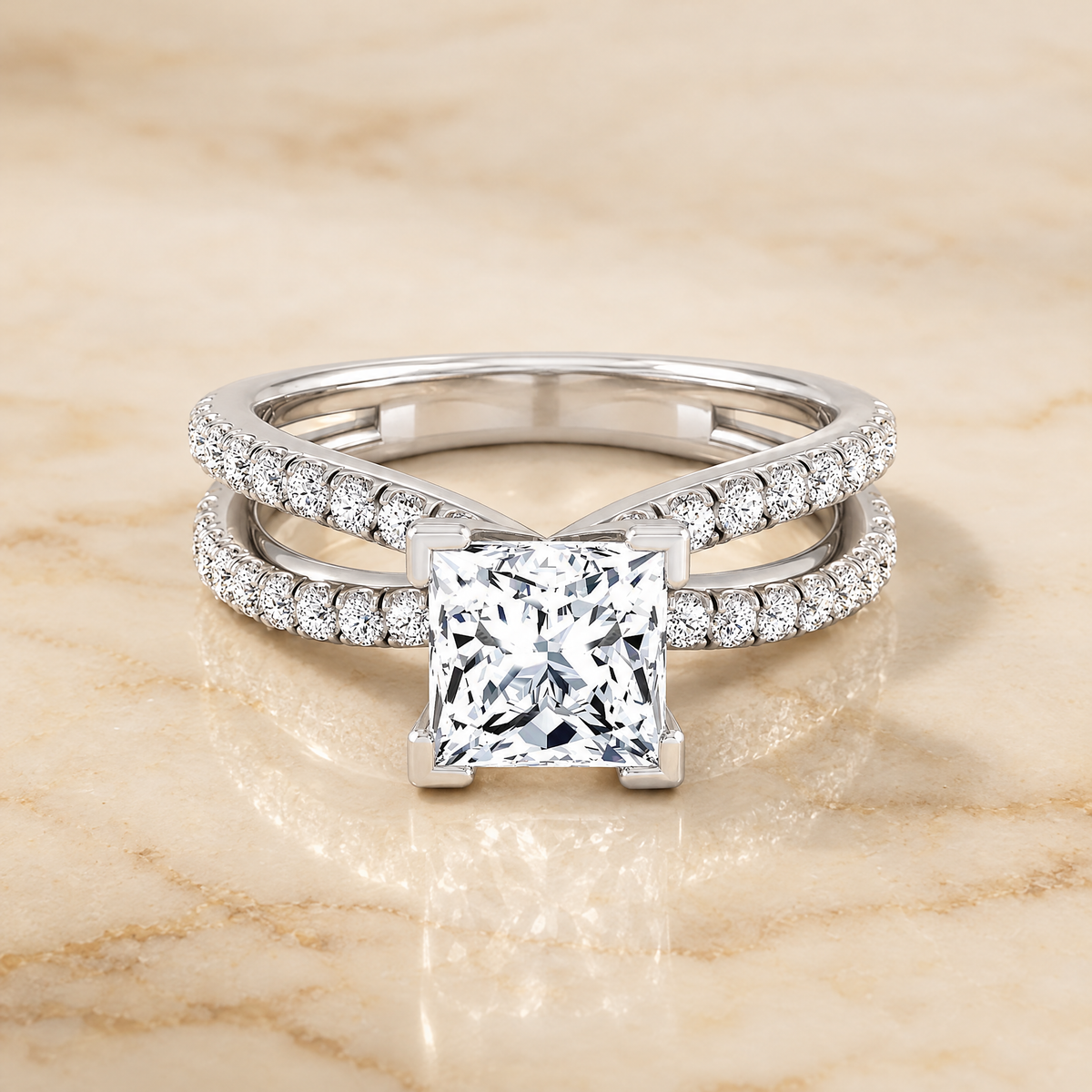 Princess engagement ring setting in Platinum, Carole Two Row Pavé Split Shank Princess Cut | RockHer