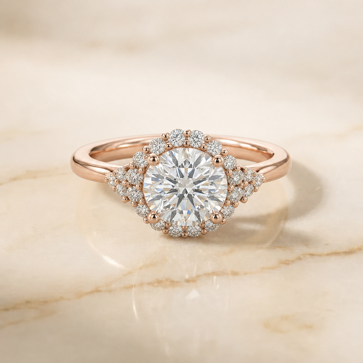 The Kai Scroll Gallery Halo Round Engagement Ring Setting in 14K Rose Gold