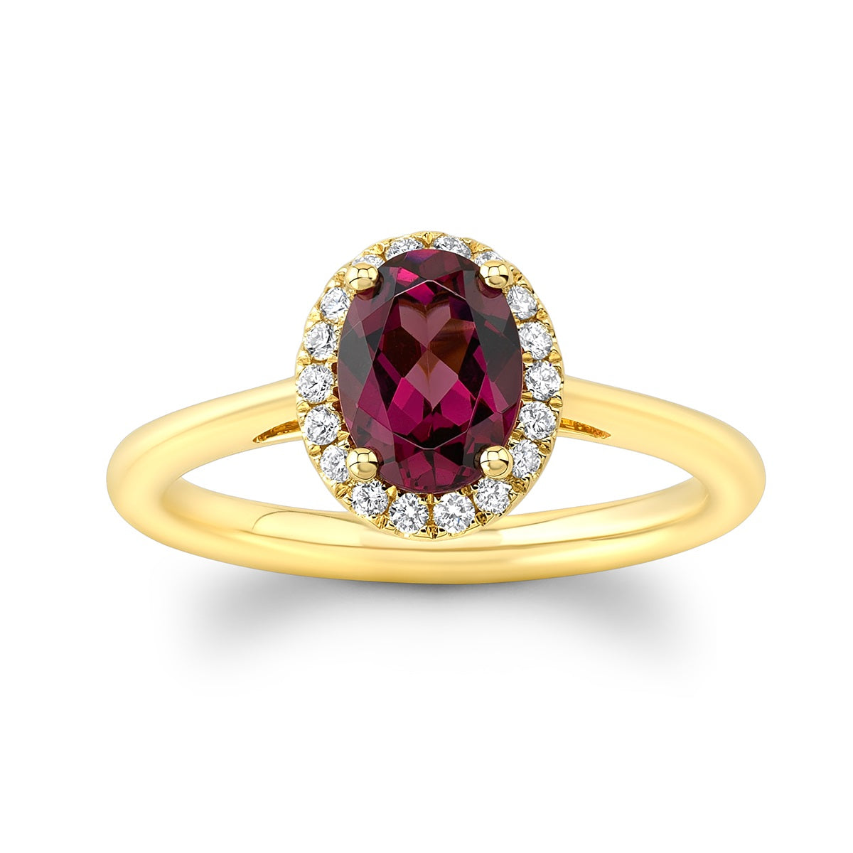 Rhodolite Garnet and Diamond Oval Halo Ring in 14k Yellow Gold 0.14ctw | RockHer