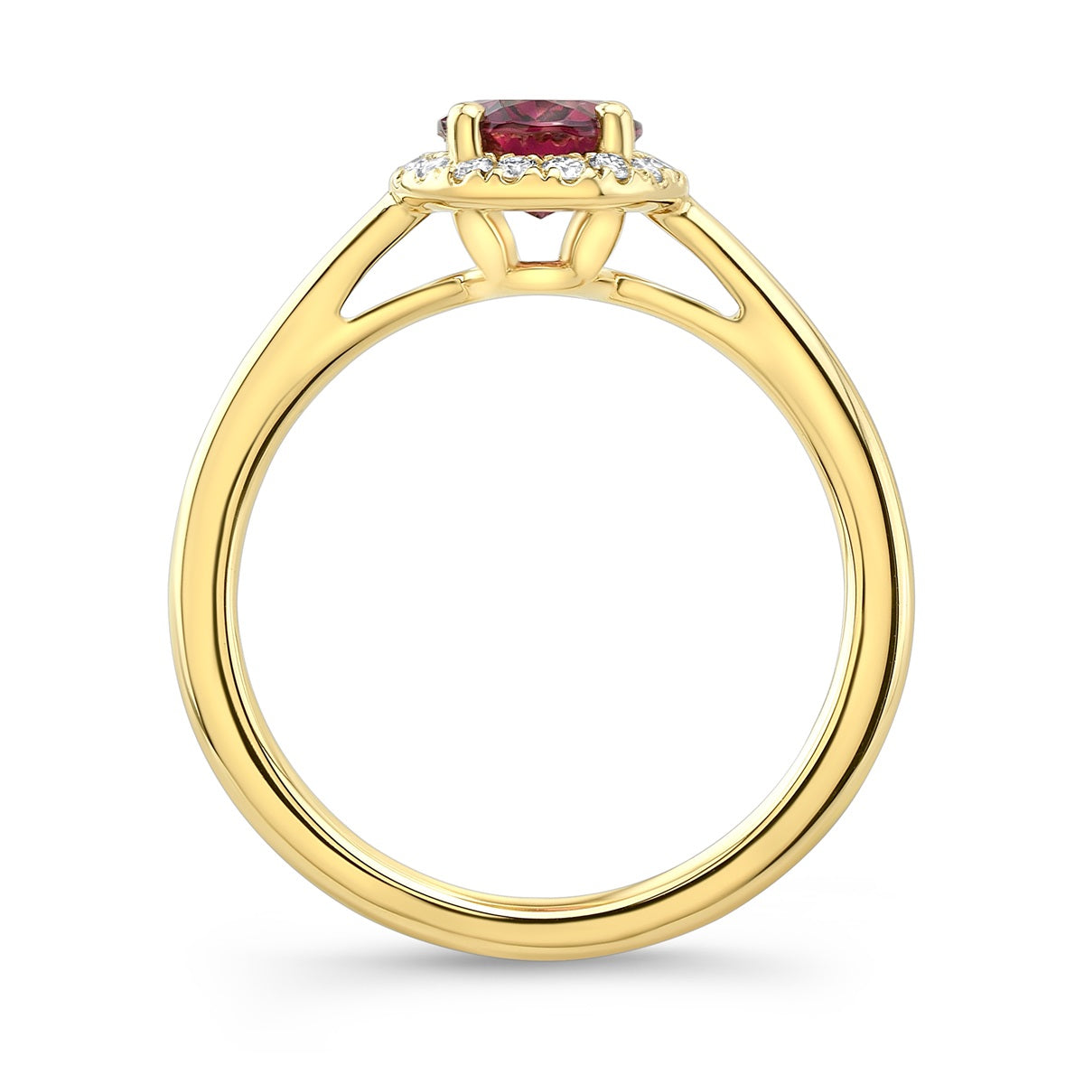 Rhodolite Garnet and Diamond Oval Halo Ring in 14k Yellow Gold 0.14ctw, side profile | RockHer