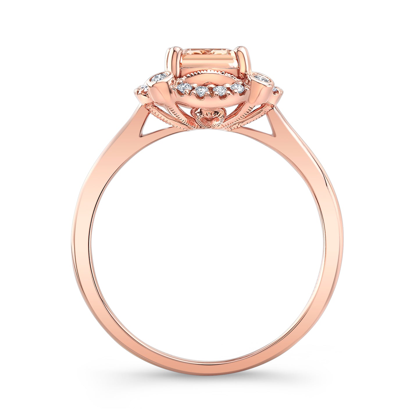 Emerald Cut Morganite Scalloped Framed Ring 14k Rose Gold 0.14ctw