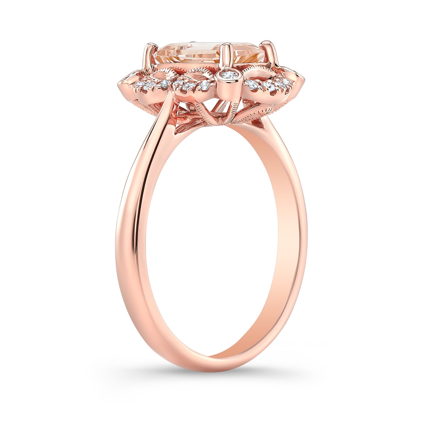 Emerald Cut Morganite Scalloped Framed Ring 14k Rose Gold 0.14ctw