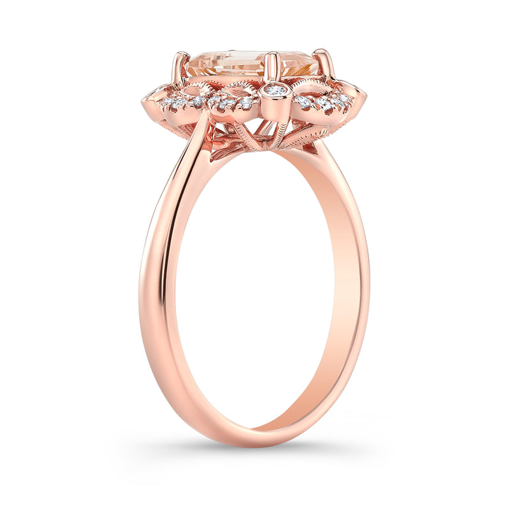 Emerald Cut Morganite Scalloped Framed Ring 14k Rose Gold 0.14ctw