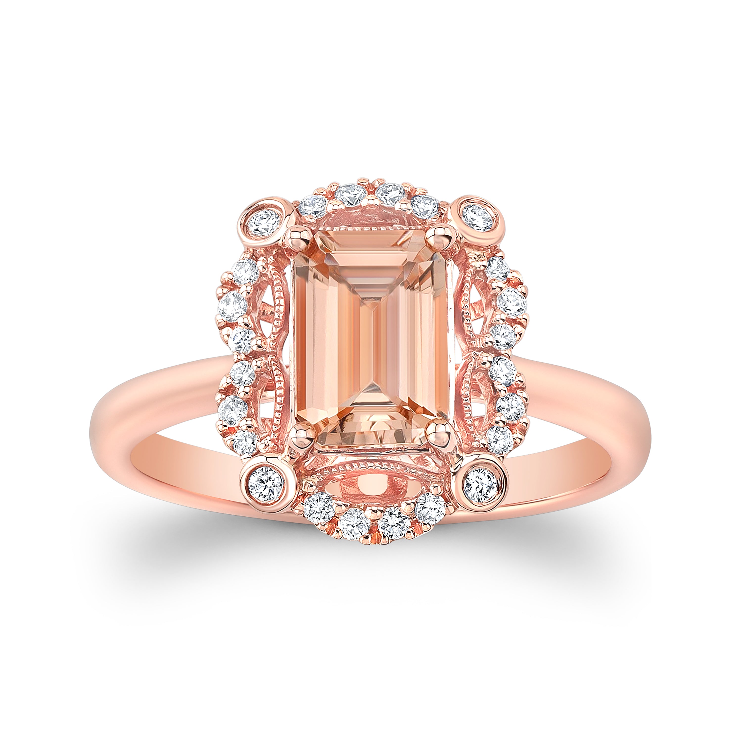 Emerald Cut Morganite Scalloped Framed Ring 14k Rose Gold 0.14ctw