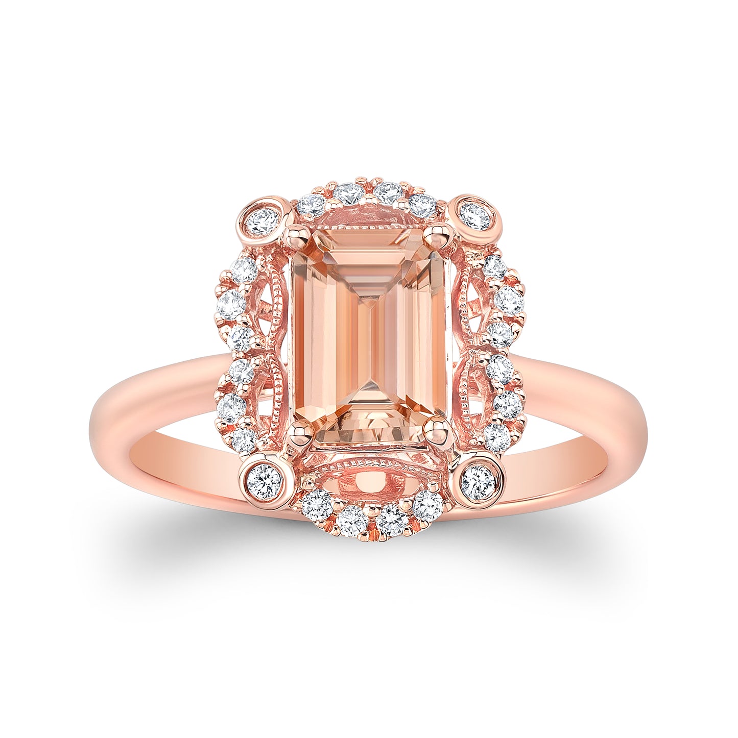Emerald Cut Morganite Scalloped Framed Ring 14k Rose Gold 0.14ctw
