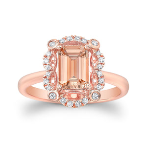 Emerald Cut Morganite Scalloped Framed Ring 14k Rose Gold 0.14ctw – top view | RockHer