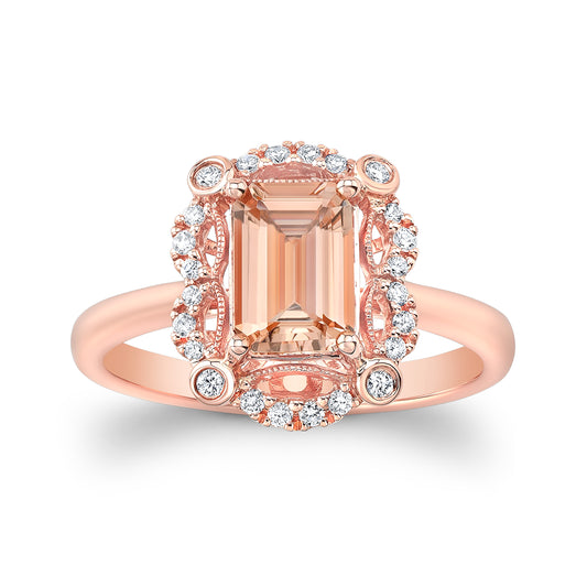 Emerald Cut Morganite Scalloped Framed Ring 14k Rose Gold 0.14ctw