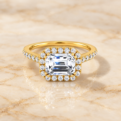 Emerald engagement ring setting in 18K Yellow Gold, Christina East West Horizontal Halo Emerald Cut | RockHer