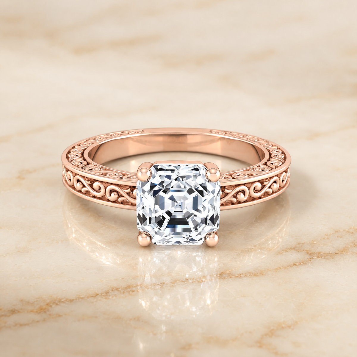 The Veronica Hand Engraved Scroll Vintage Solitaire Asscher Cut Engagement Ring Setting in 14K Rose Gold