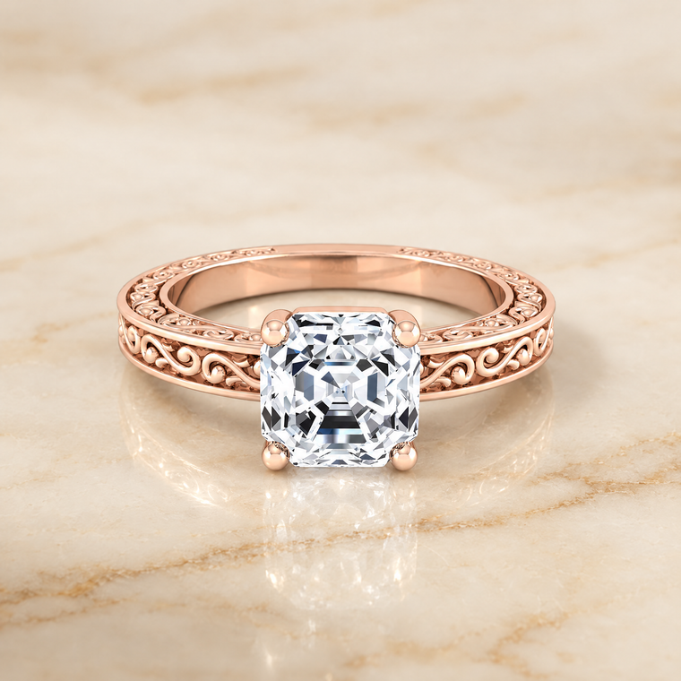 The Veronica Hand Engraved Scroll Vintage Solitaire Asscher Cut Engagement Ring Setting in 14K Rose Gold