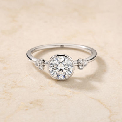The Selena Clover Bezel Accent Solitaire Round Engagement Ring Setting in Platinum