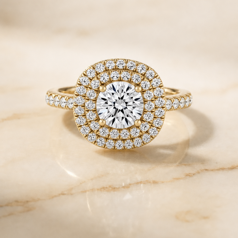 The Dixie Select Double Halo Round Lab Diamond Engagement Ring in 18K Yellow Gold