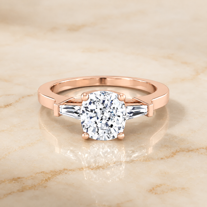 The June Three Stone Cushion Cut Engagement Ring Setting in 14K Rose Gold