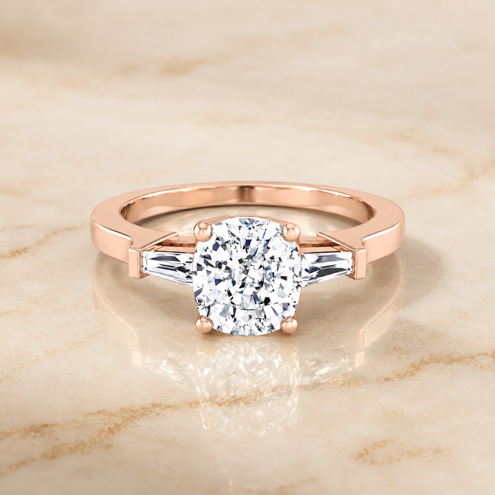 The June Three Stone Cushion Cut Engagement Ring Setting in 14K Rose Gold