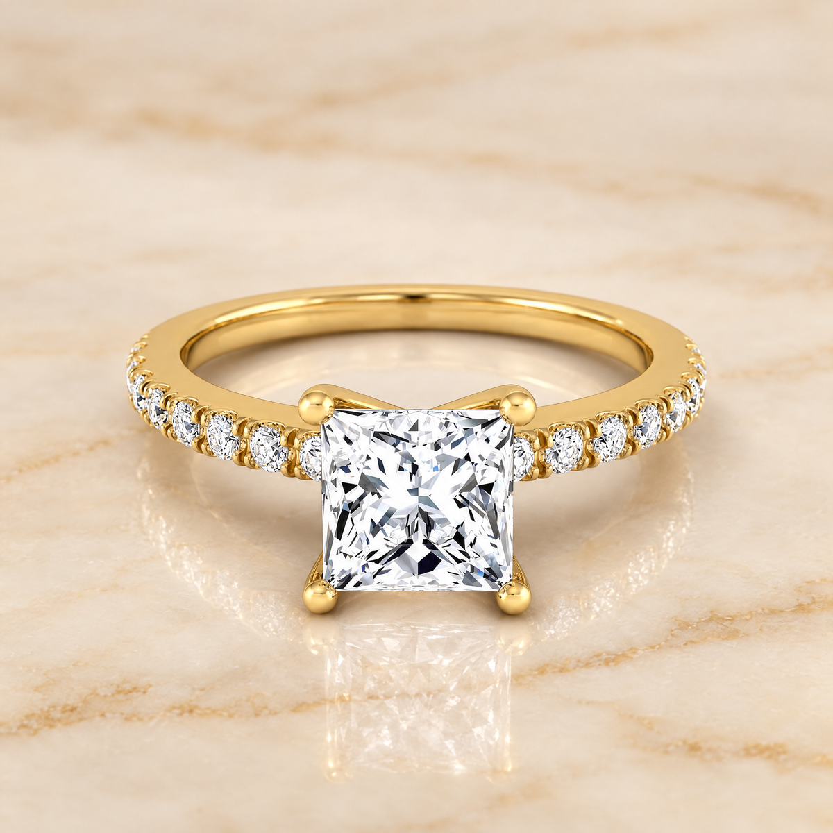 The Norah Classic Linear French Pavé Princess Cut Engagement Ring Setting in 18K Yellow Gold