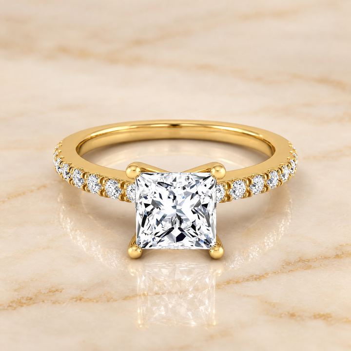 The Norah Classic Linear French Pavé Princess Cut Engagement Ring Setting in 18K Yellow Gold