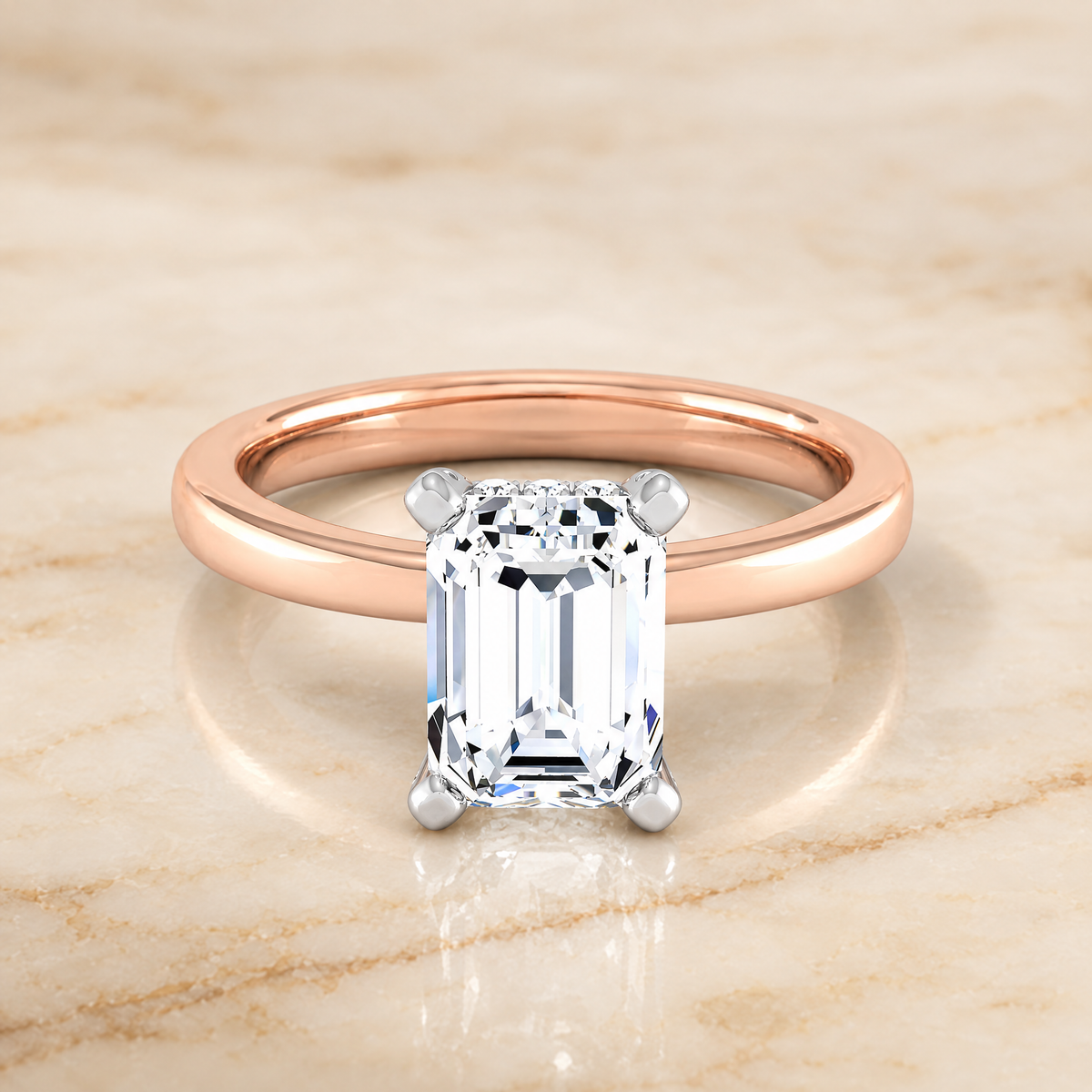 The Annabelle Hidden Pavé Basket Crown Solitaire Emerald Cut Engagement Ring Setting in 14K Rose Gold