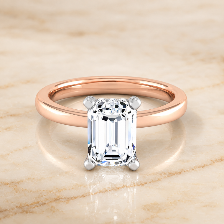 The Annabelle Hidden Pavé Basket Crown Solitaire Emerald Cut Engagement Ring Setting in 14K Rose Gold