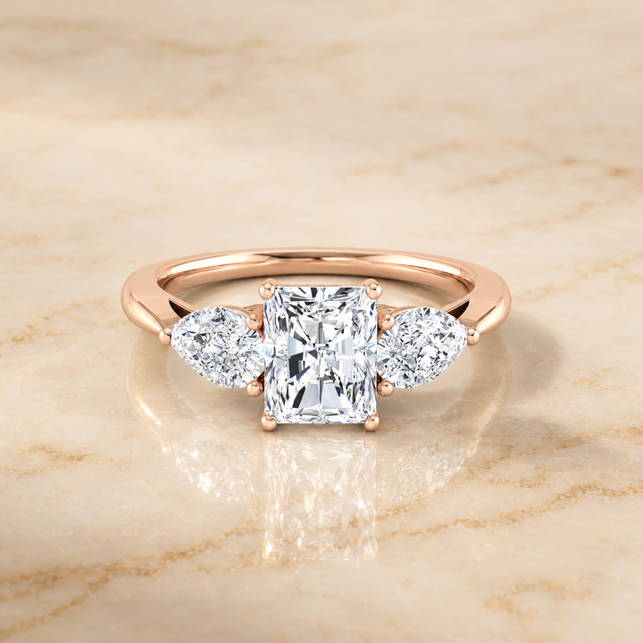 The Angelica Three Stone Matched Radiant Cut Engagement Ring Setting in 14K Rose Gold