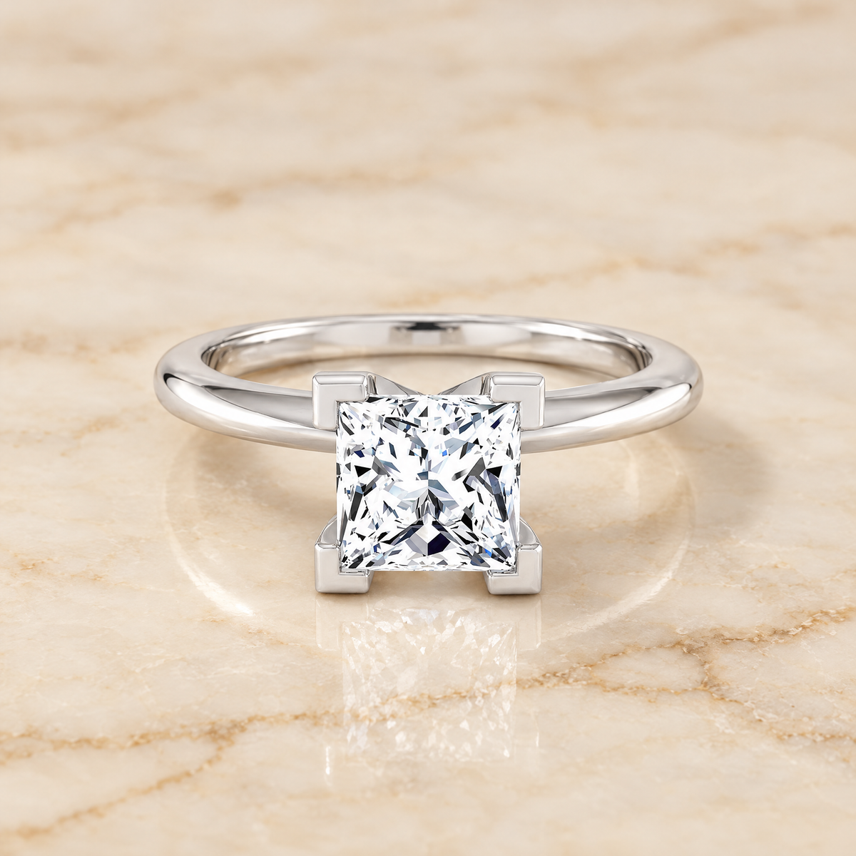 The Lolette Classic Low Base Solitaire Princess Cut Engagement Ring Setting in Platinum