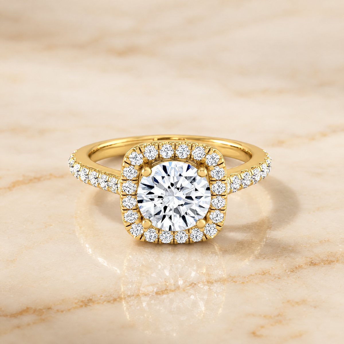 The Adriana Cathedral Pavé Halo Round Engagement Ring Setting in 18K Yellow Gold