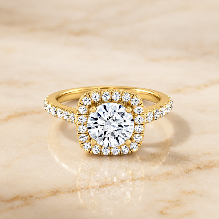 The Adriana Cathedral Pavé Halo Round Engagement Ring Setting in 18K Yellow Gold