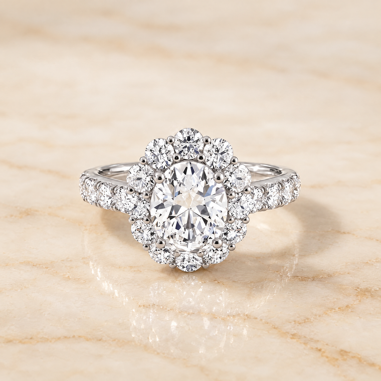 The Alannah Luxe French Pavé Halo Oval Engagement Ring Setting in 18K White Gold