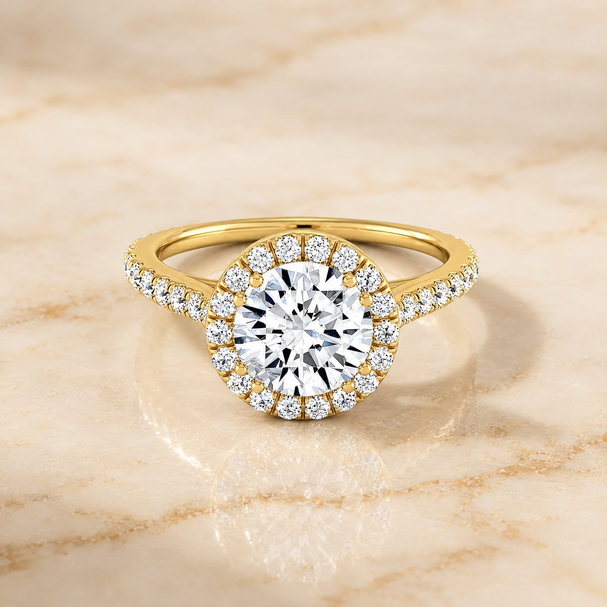The Christina East West Horizontal Halo Round Engagement Ring Setting in 18K Yellow Gold
