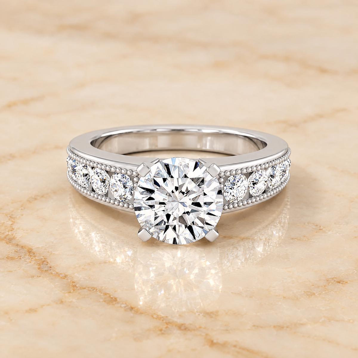 The Eleanor Antique Milgrain Channel Solitaire Round Engagement Ring Setting in 18K White Gold